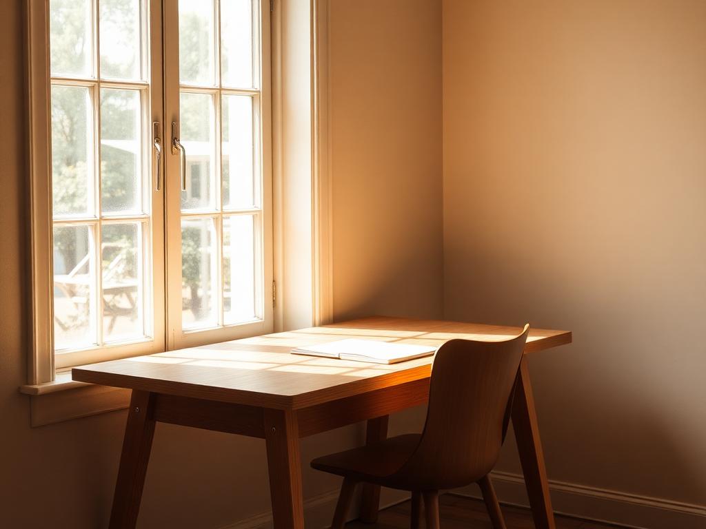 Arbeitsplatz am Fenster mit Holztisch